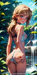 a girl is standing in a jungle near a waterfall . 