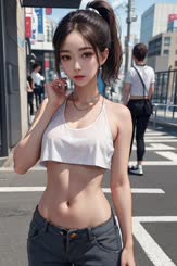 a young woman in a white top standing on a sidewalk