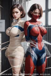 two women are dressed as spider   man and one is dressed as a mummy . 