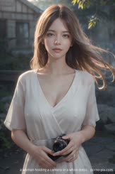 a woman holding a camera in a white dress . 