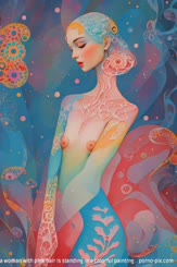a woman with pink hair is standing in a colorful painting . 