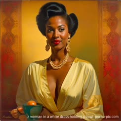 a woman in a white dress holding a bowl 