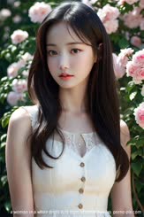 a woman in a white dress is in front of some flowers 