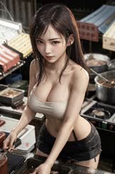 a woman in a bra and shorts standing in a kitchen . 