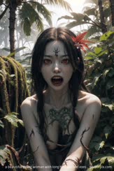 a beautiful young woman with long hair and red eyes . 