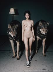 a woman with two dogs walking on a sidewalk . 