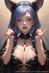 a woman with blue hair and a cross in her neck . 