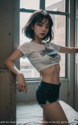 A short Description of the image is that it is a black and white picture of a lady wearing a white t shirt and denim shorts with her hand on a window sill and the other on her hip.