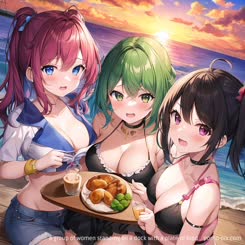 a group of women standing on a dock with a plate of food . 