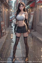 a beautiful woman in a skirt and boots standing on a wet street . 