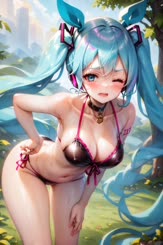 a woman with long blue hair and a bikini top