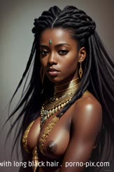 a woman in a gold and blue outfit with long black hair . 