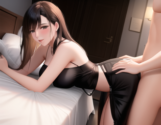 woman in a black dress lying on a bed with a man standing behind her