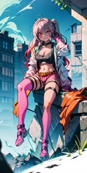 Pink haired anime girl with pink panties and pink tights sitting on a rock.