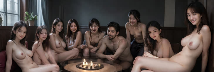 Naked Women Sitting Around a Table