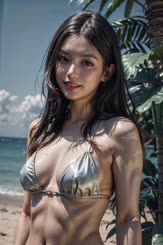 a woman in a silver bikini stands on the beach