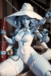 a woman in a white outfit holding a cane . 