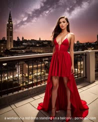 a woman in a red dress standing on a balcony . 