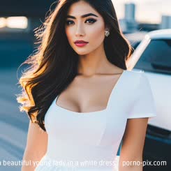 a beautiful young lady in a white dress . 