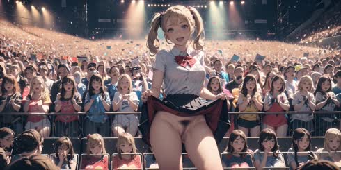 a woman with pigtails and a skirt on a stage