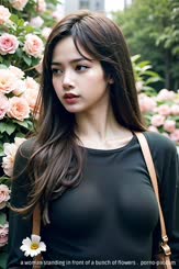 a woman standing in front of a bunch of flowers . 