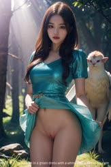 a woman in a green dress with a white sheep 