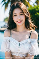 A woman wearing a white top and black bra.